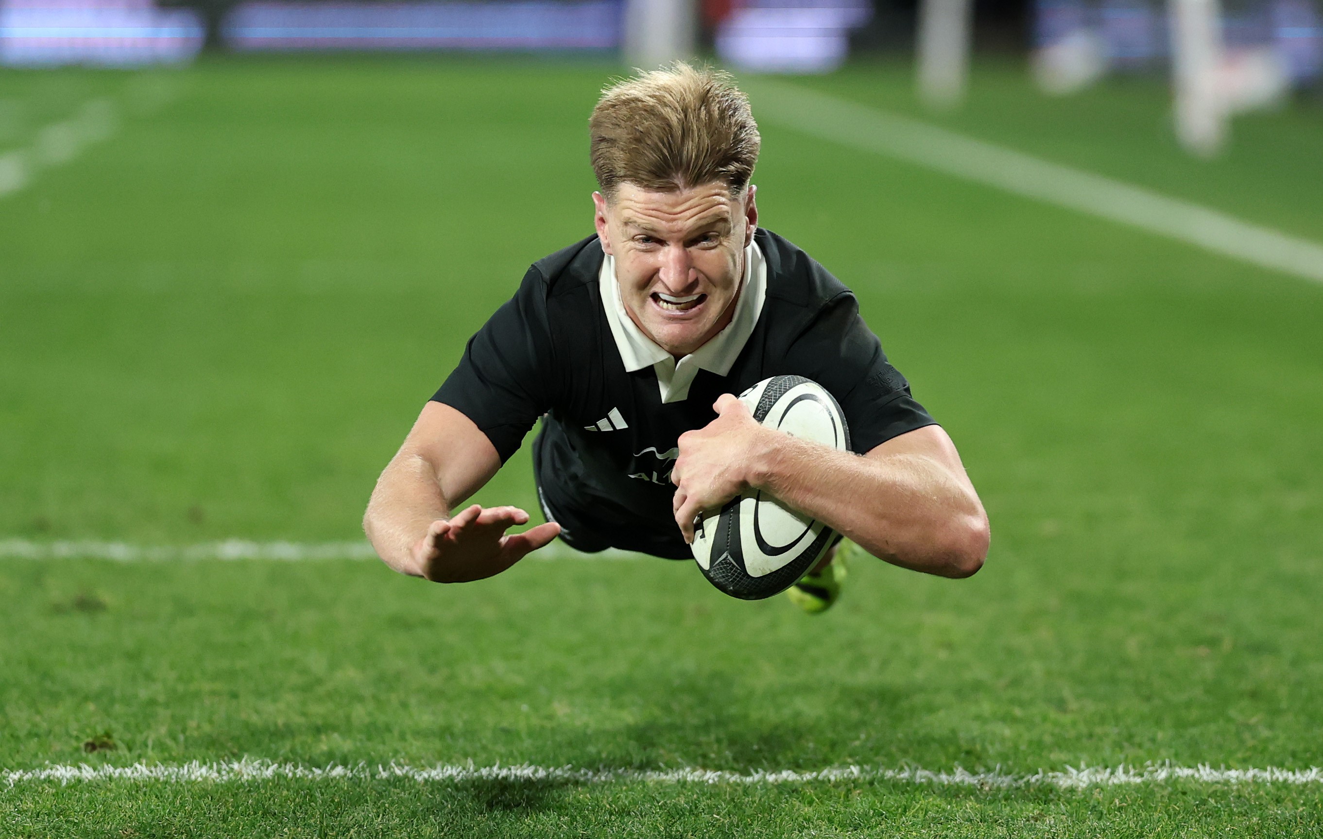 Jordie Barrett scores what appears to be a spectacular try for the All Blacks in Dunedin, only to see it ruled out.