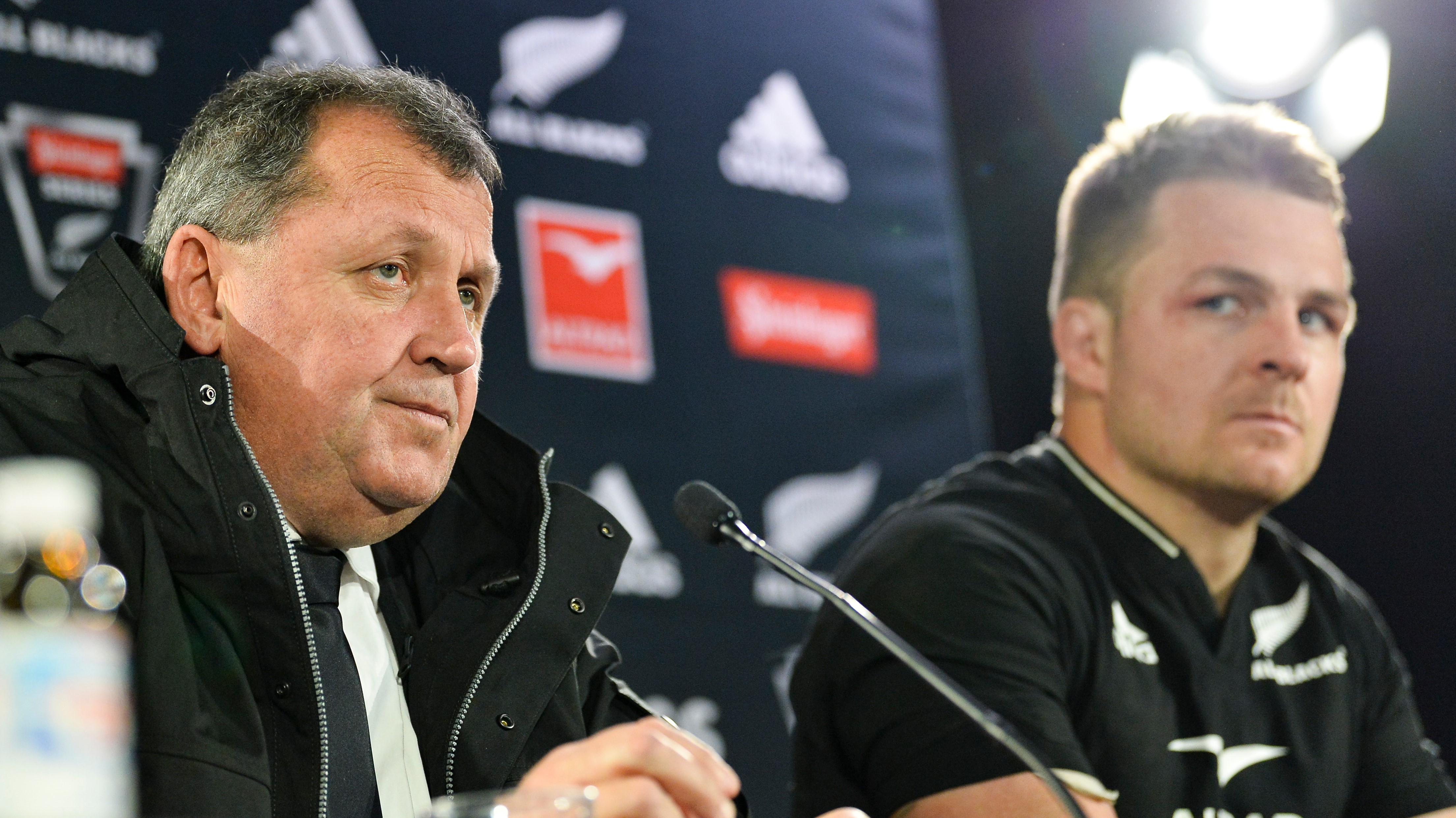 Ian Foster speaks to the media alongside skipper Sam Cane after the All Blacks' defeat in Wellington.