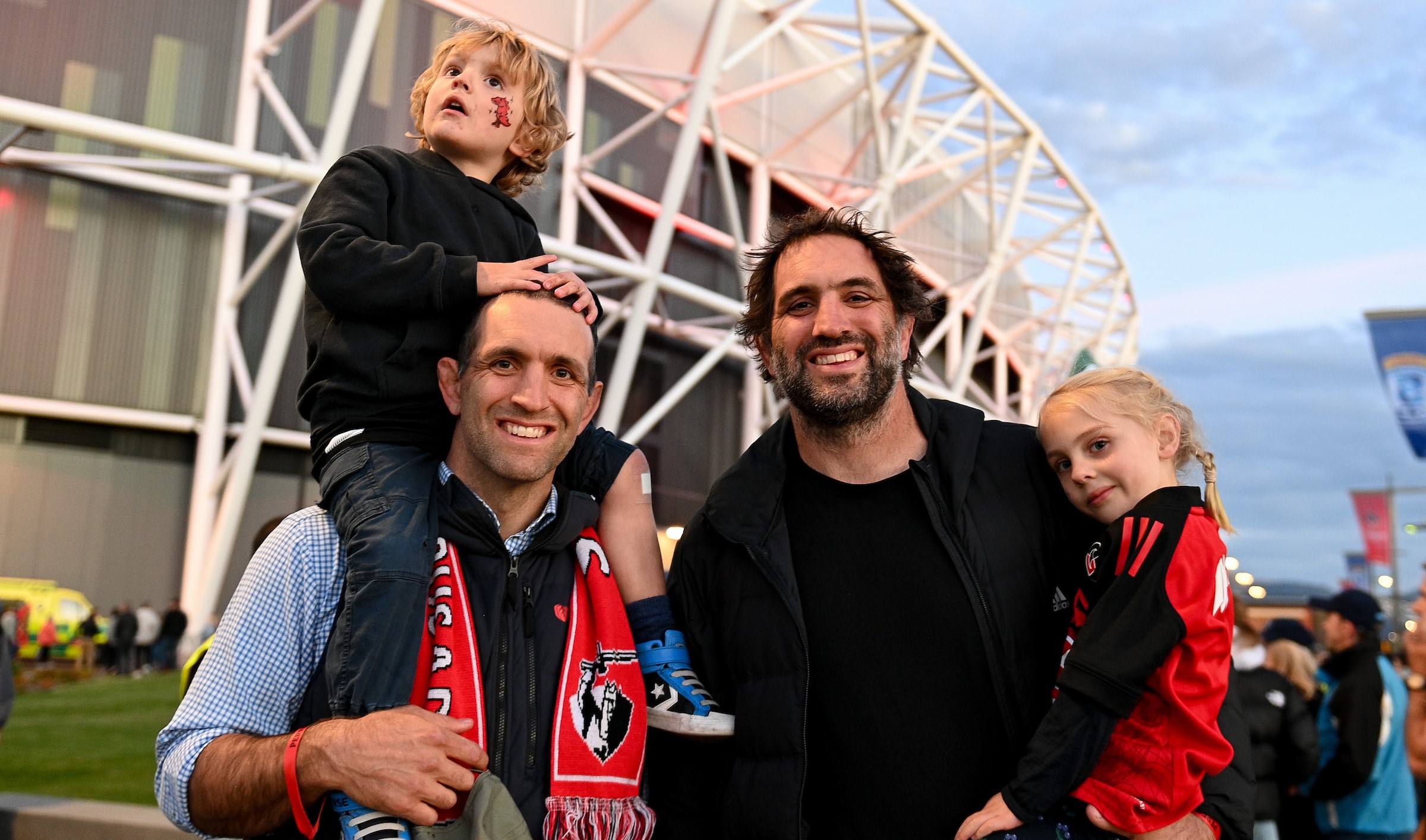 Former Crusaders Adam Whitelock, left, and brother Sam arrive at the new Christchurch stadium for the inaugural Crusaders match.