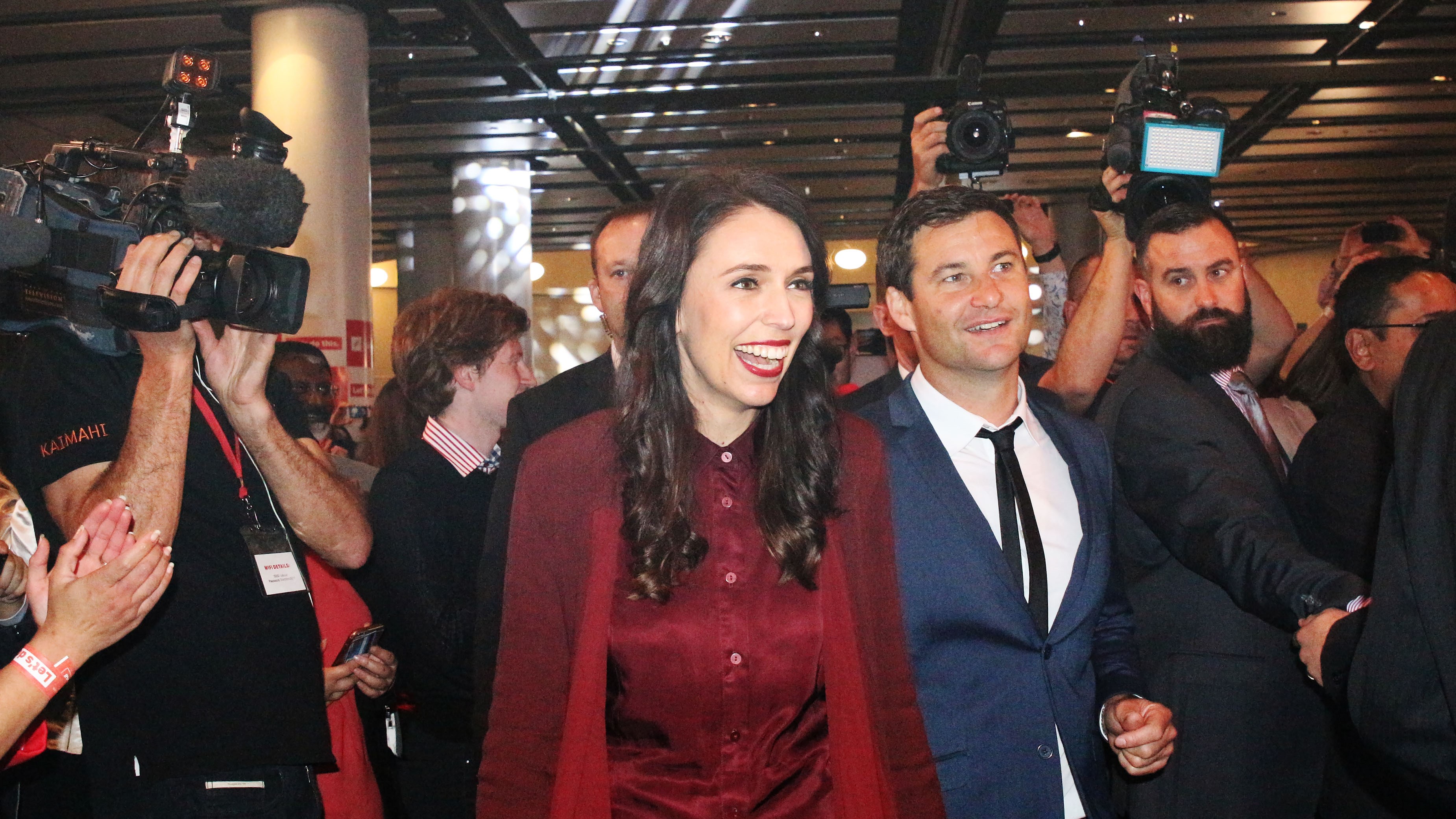 Jacinda Ardern and partner Clarke Gayford on election night, September 2017. Although the result was unclear on the night, Ardern went on to form a coalition government with the New Zealand First Party and Green Party with herself as prime minister.