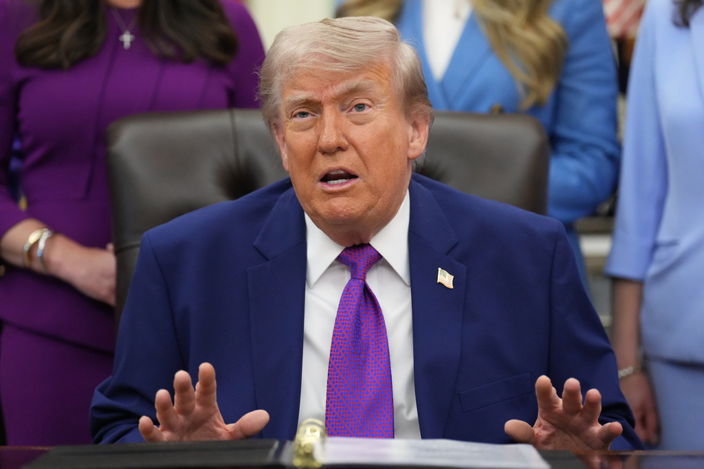 President Donald Trump speaks to reporters at an event about maternal healthcare, Monday, May 11, 2026, in the Oval Office of the White House, in Washington. 