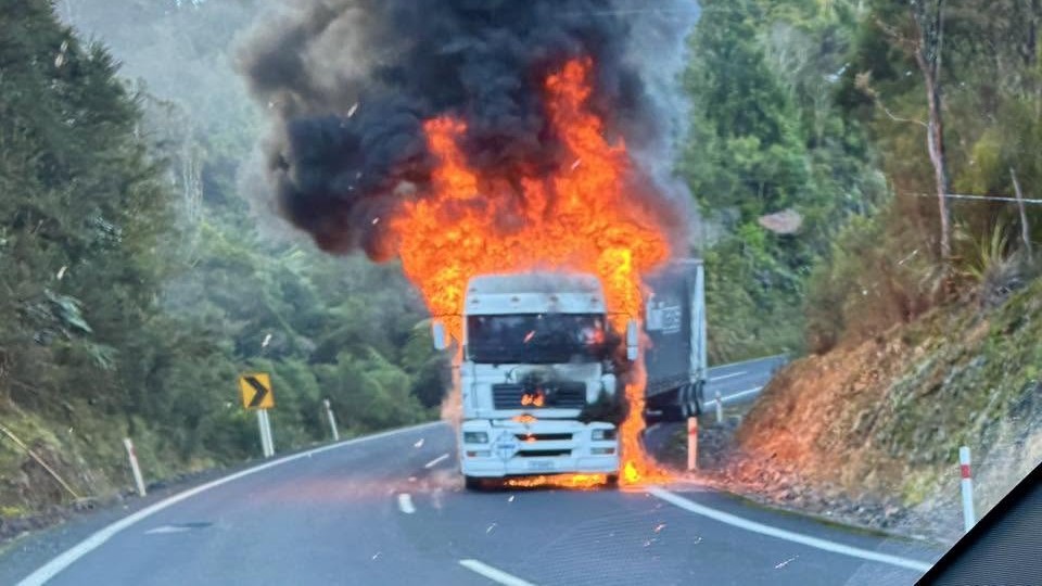 A truck and trailer fully loaded with wood caught fire on the Kopu-Hikuai Road this afternoon.
