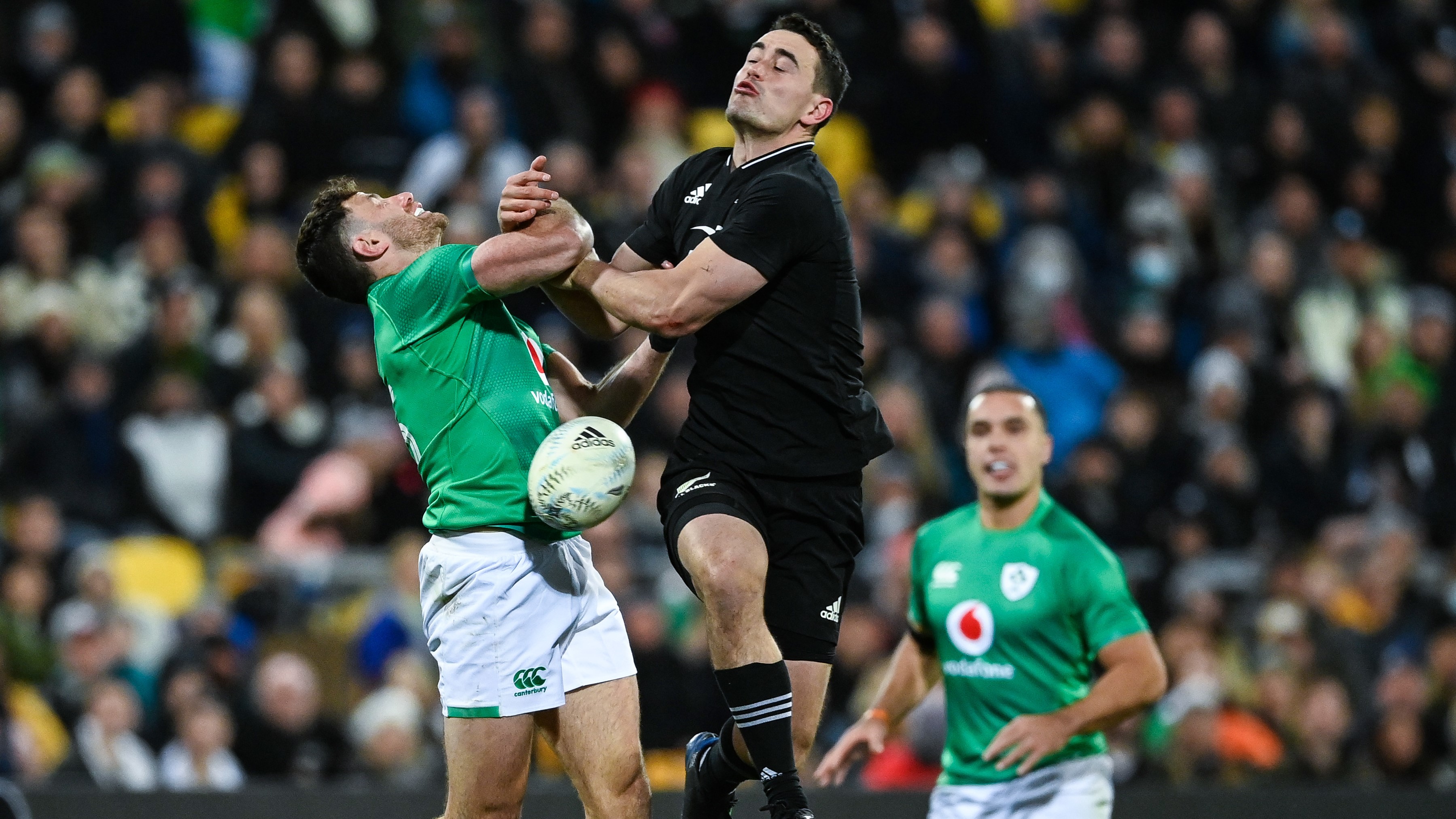 All Blacks wing Will Jordan loses a high ball against Ireland.