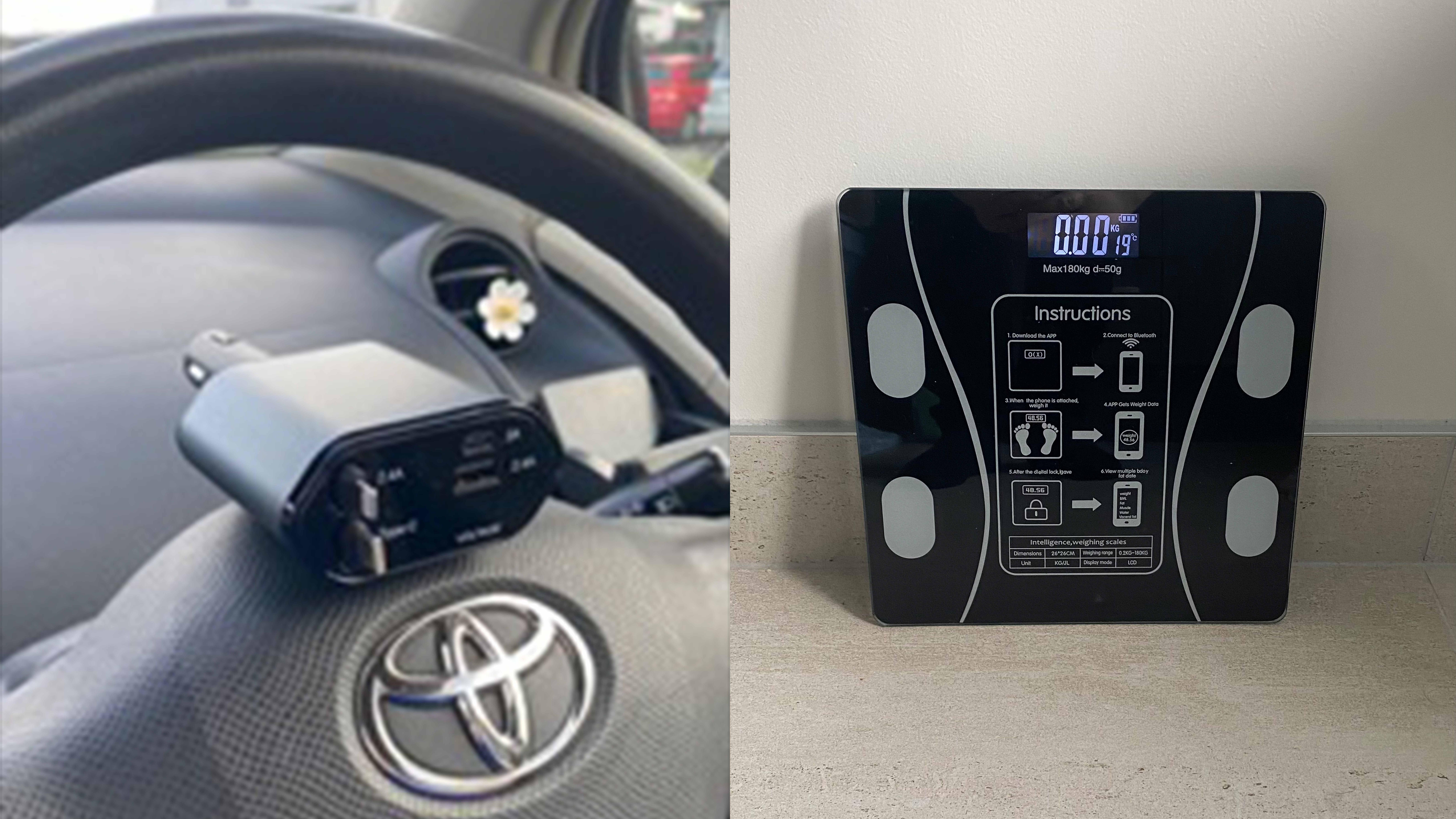A charger and bathroom scales Kaiya bought on Temu.