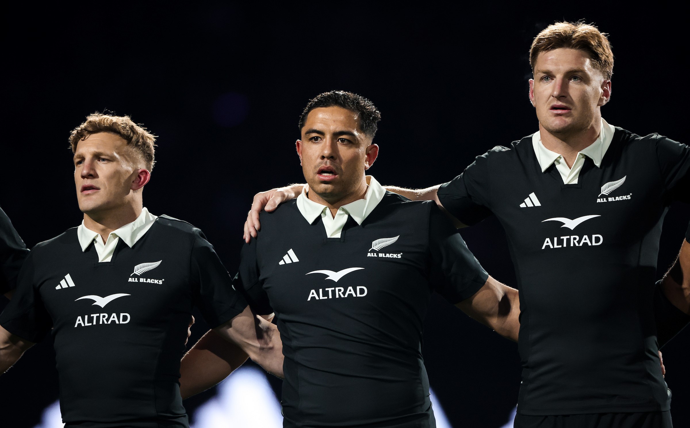 Anton Lienert-Brown, middle, before the recent All Blacks Test against France at Waikato Stadium.