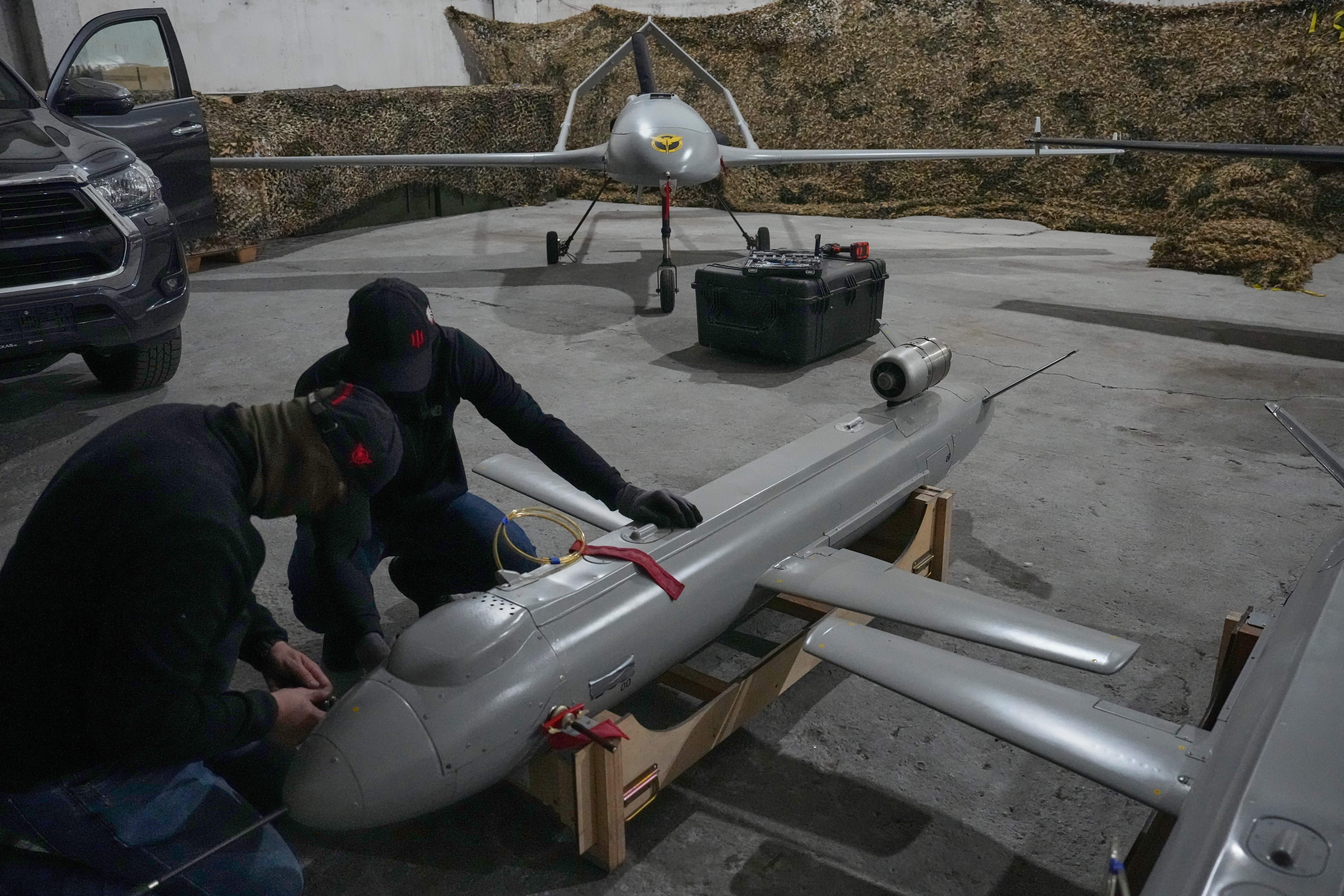 Servicemen of Ukraine's defense intelligence set up the Peklo (Hell) missile drone against Russian in an undisclosed location in Ukraine late Thursday, May 28, 2026. 