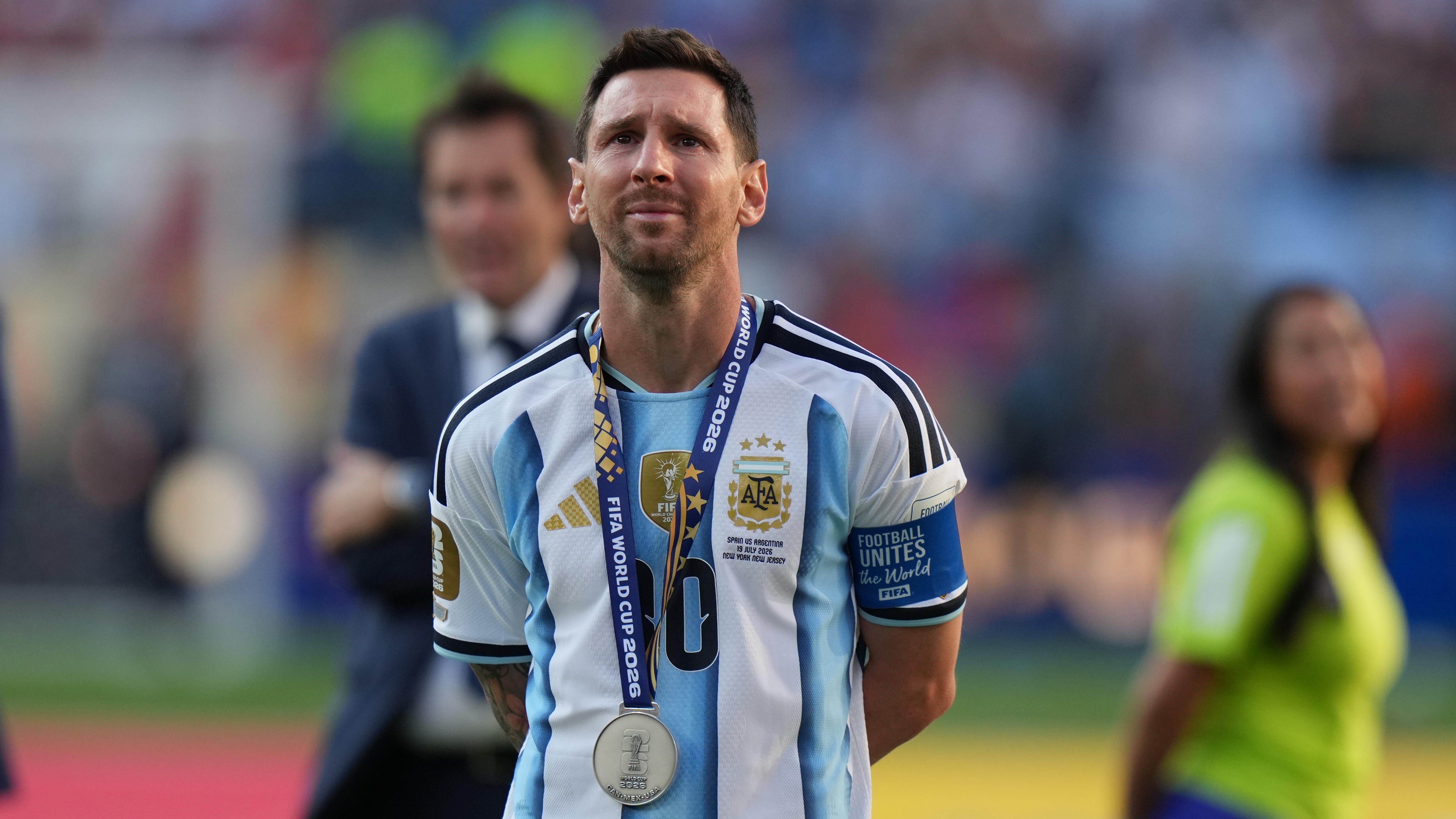 Argentina's Lionel Messi (10) cries at the end of the World Cup final soccer match between Spain and Argentina in East Rutherford, N.J., near New York, Sunday, July 19, 2026.