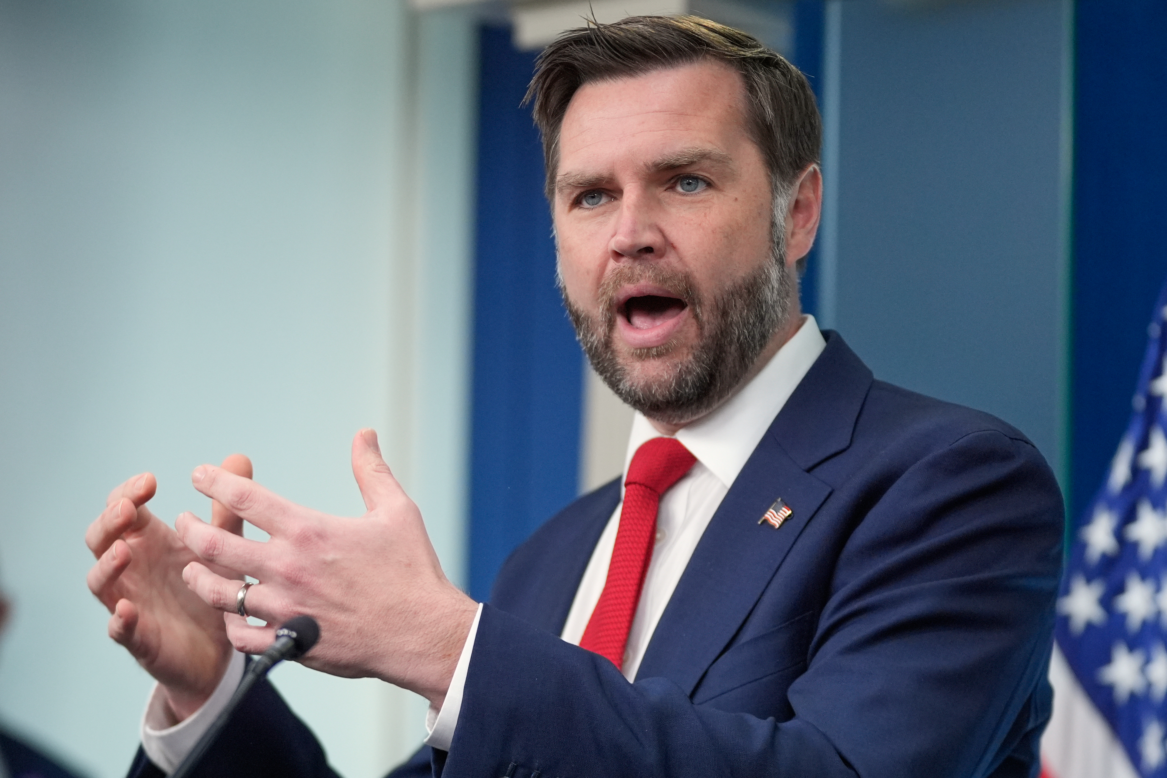 Vice President JD Vance speaks to reporters in the James S. Brady Press Briefing Room at the White House, Thursday, June 18, 2026, in Washington.