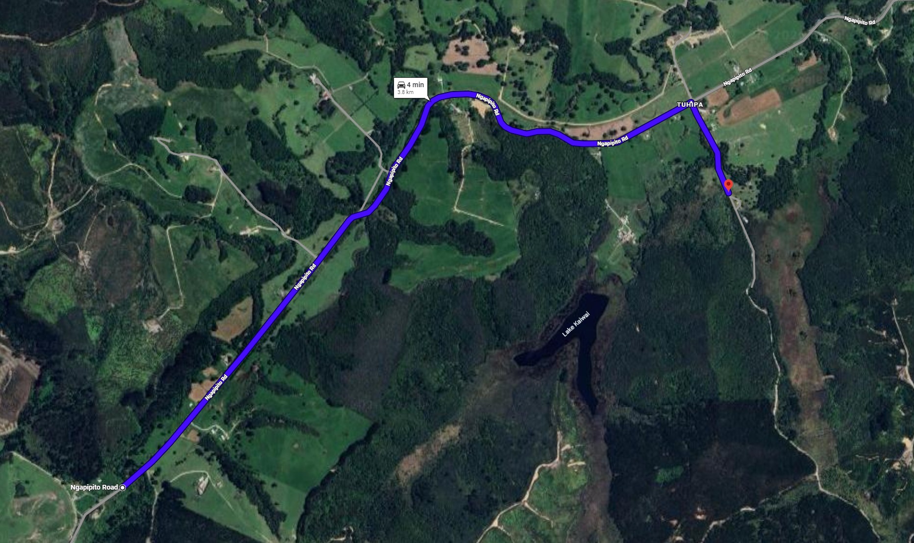 The distance between Ngapipito Rd, Kaikohe and Tana Rd, Moerewa was less than 4km by road.