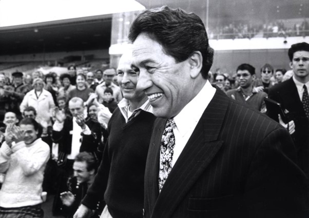 Winston Peters in 1996 (and at the back right, a young John Campbell.) Image courtesy: NZ Herald.