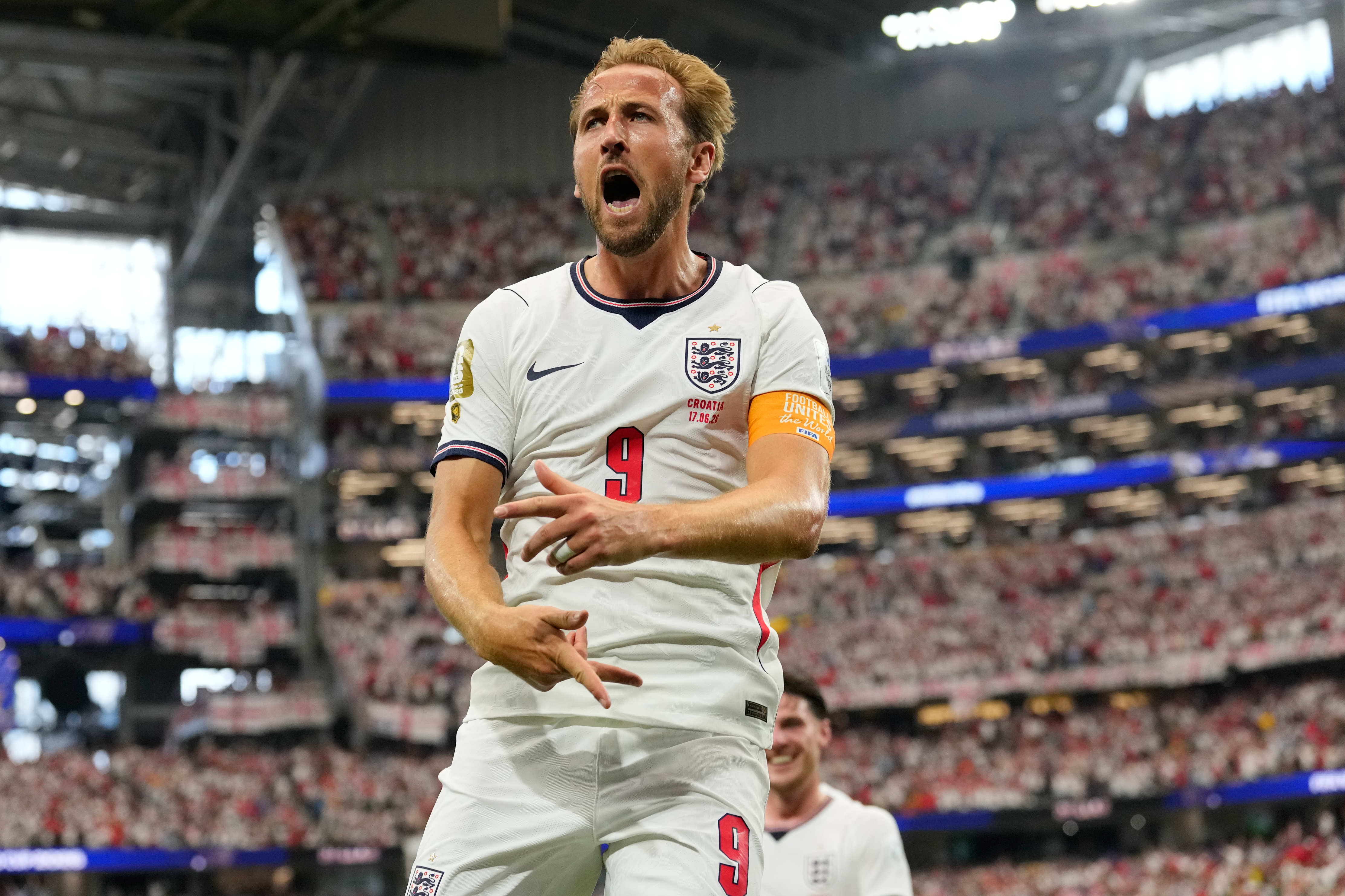 England's Harry Kane (9) celebrates after scoring a goal during the World Cup Group L match between England and Croatia in Arlington, Texas, near Dallas, Wednesday, June 17, 2026. 