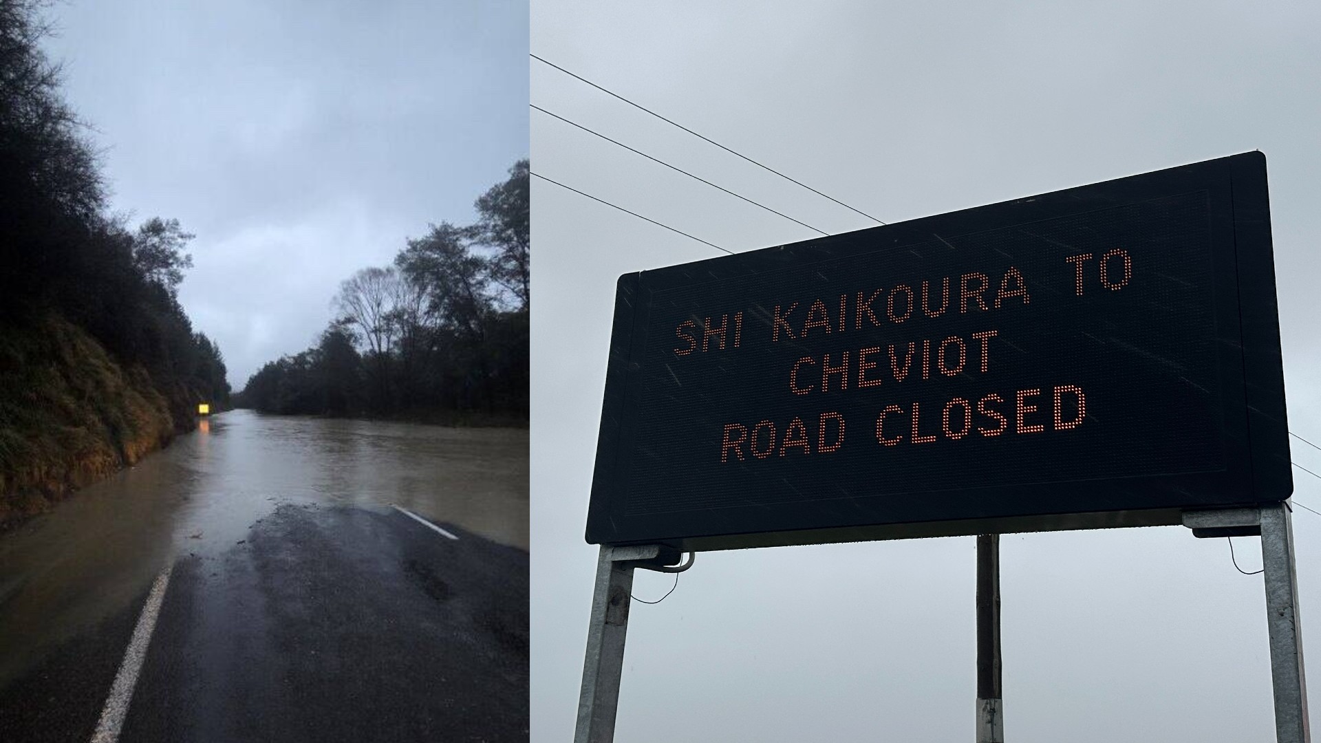 SH1 closure in North Canterbury amid flooding.