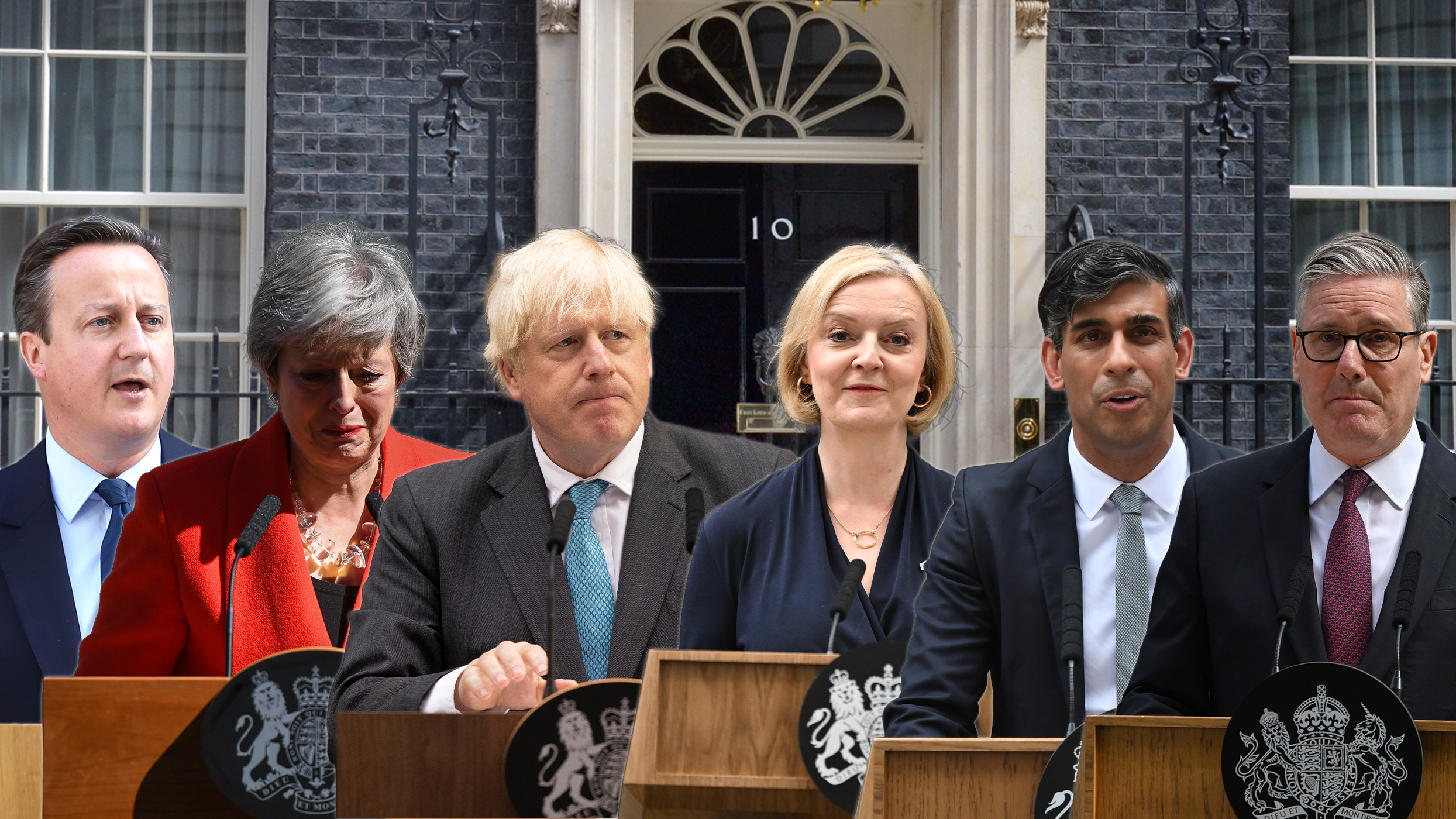 Left to right: David Cameron, Theresa May, Boris Johnson, Liz Truss, Rishi Sunak and Keir Starmer.