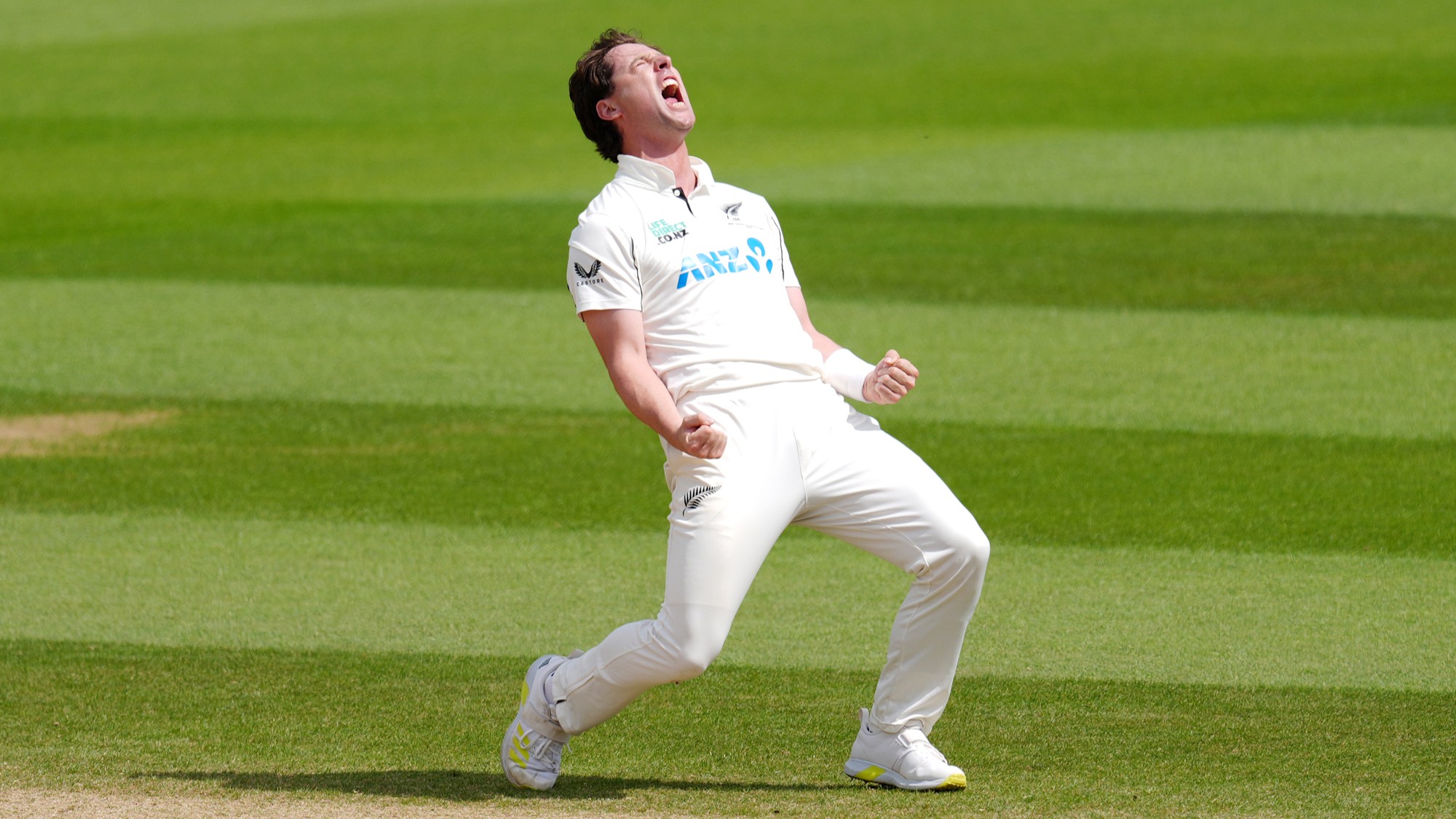 New Zealand's Matt Henry celebrates taking the wicket of England's Joe Root on day five of the Second Rothesay Test cricket match between England and New Zealand.