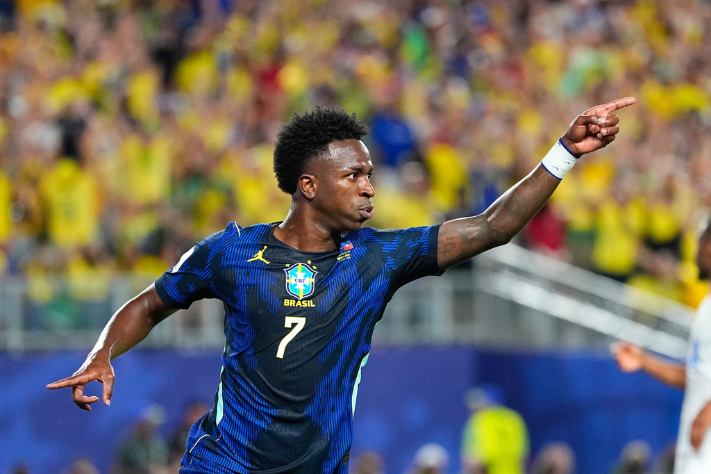 Brazil's Vinicius Junior (7) celebrates after scoring his side's third goal during the World Cup Group C soccer match between Brazil and Haiti in Philadelphia.
