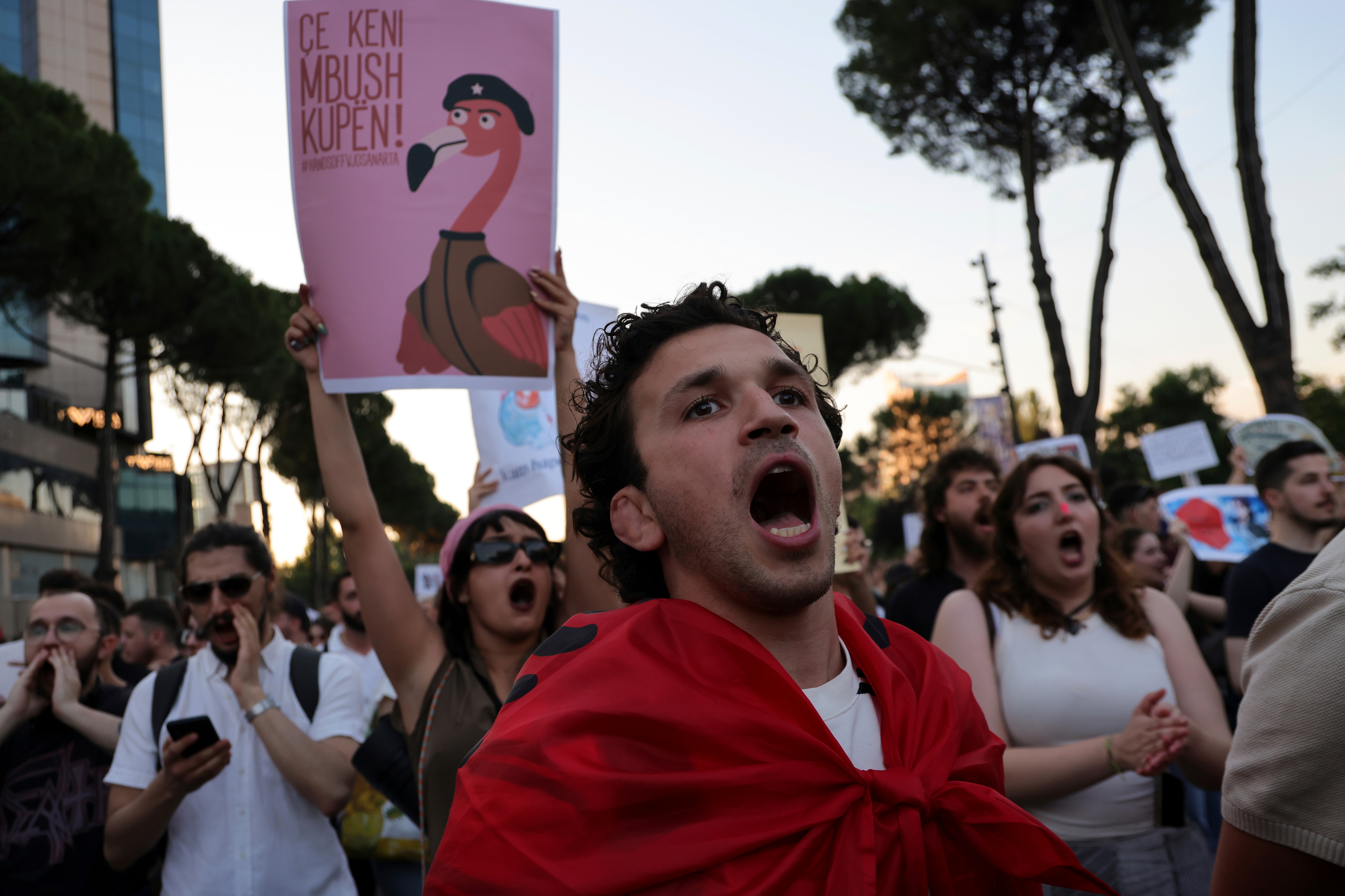 Protesters take part in a rally in Tirana, Albania, Tuesday, June 9, 2026, against the construction of a massive coastal development project linked to Jared Kushner and Ivanka Trump at Narta lagoon area, western Albania.