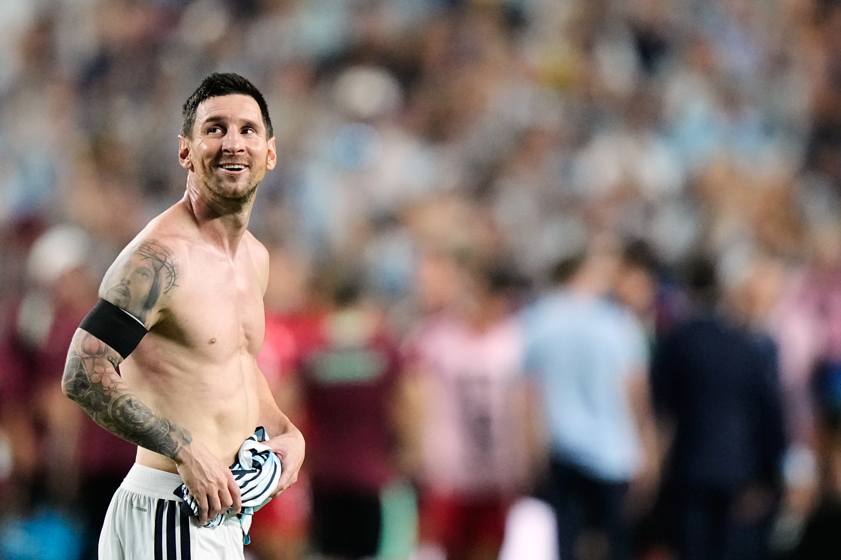 Argentina's Lionel Messi reacts after his team's victory over Switzerland in the World Cup quarterfinal soccer match in Kansas City, Mo., Saturday, July 11, 2026.