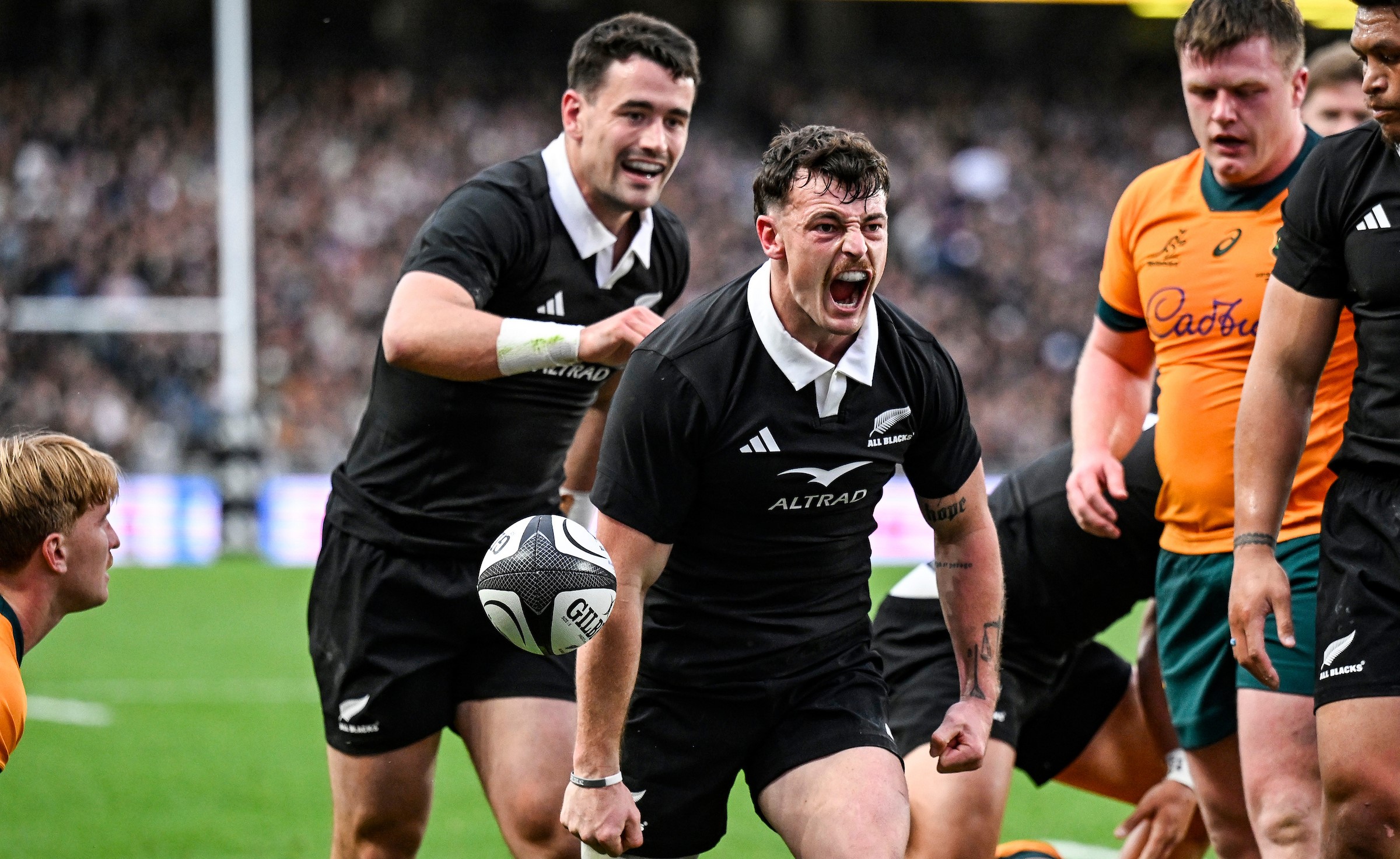 Leroy Carter celebrates his try for the All Blacks against Australia at Eden Park.