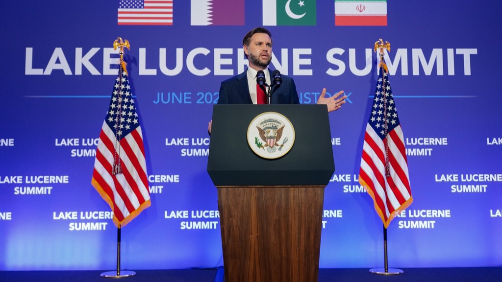 Vice President JD Vance speaks to members of the media after the U.S. and Iran held high-level talks at the Bürgenstock Resort in Obbuergen, near Lucerne, in Switzerland.