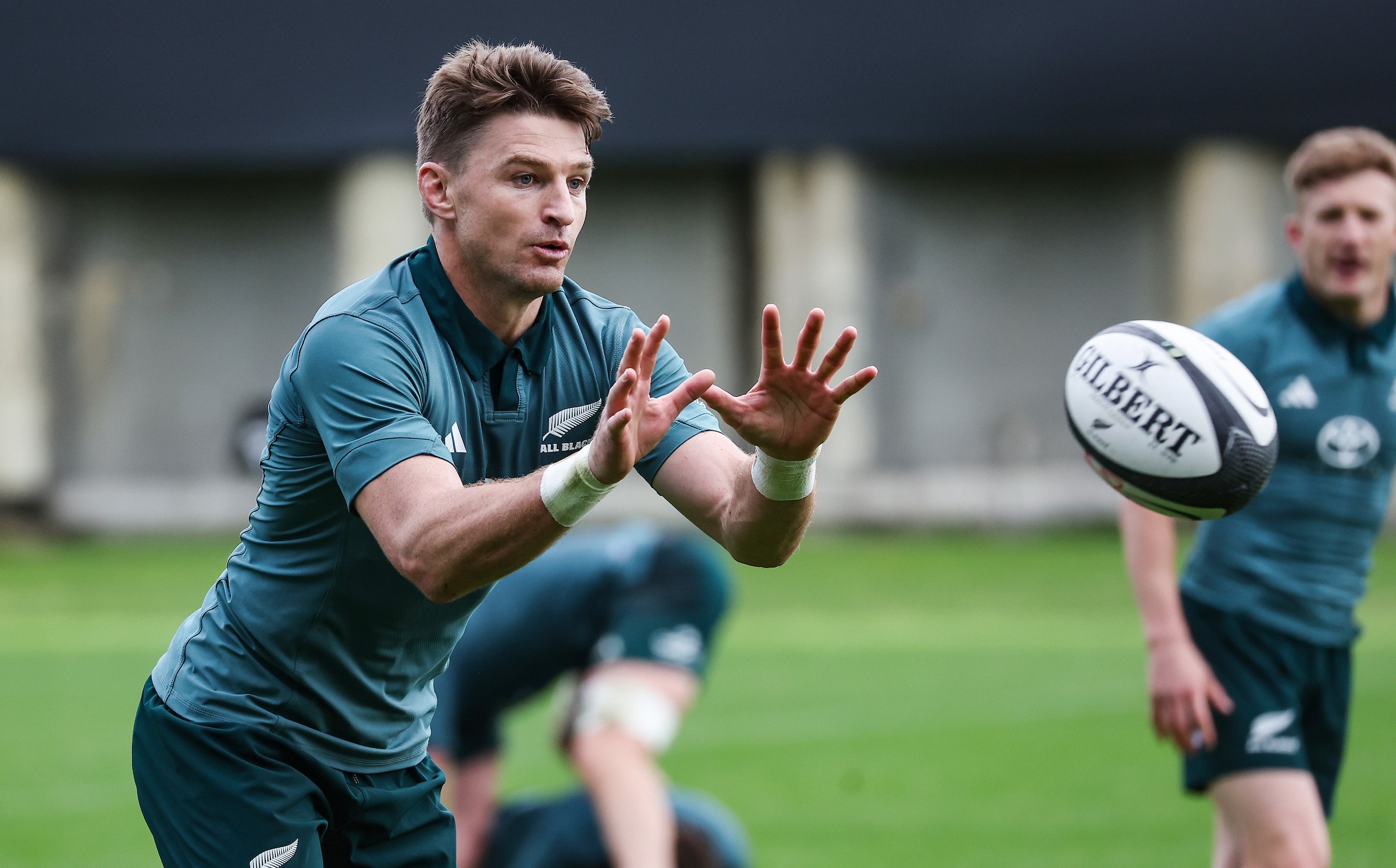 Beauden Barrett, left, trains with Damian McKenzie in Auckland this week.