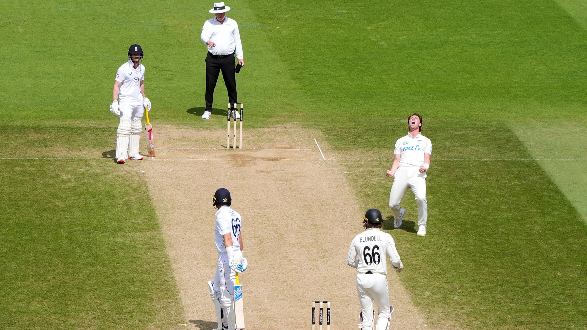 New Zealand's Matt Henry celebrates taking the wicket of England's Joe Root on day five of the Second Rothesay Test cricket match between England and New Zealand.