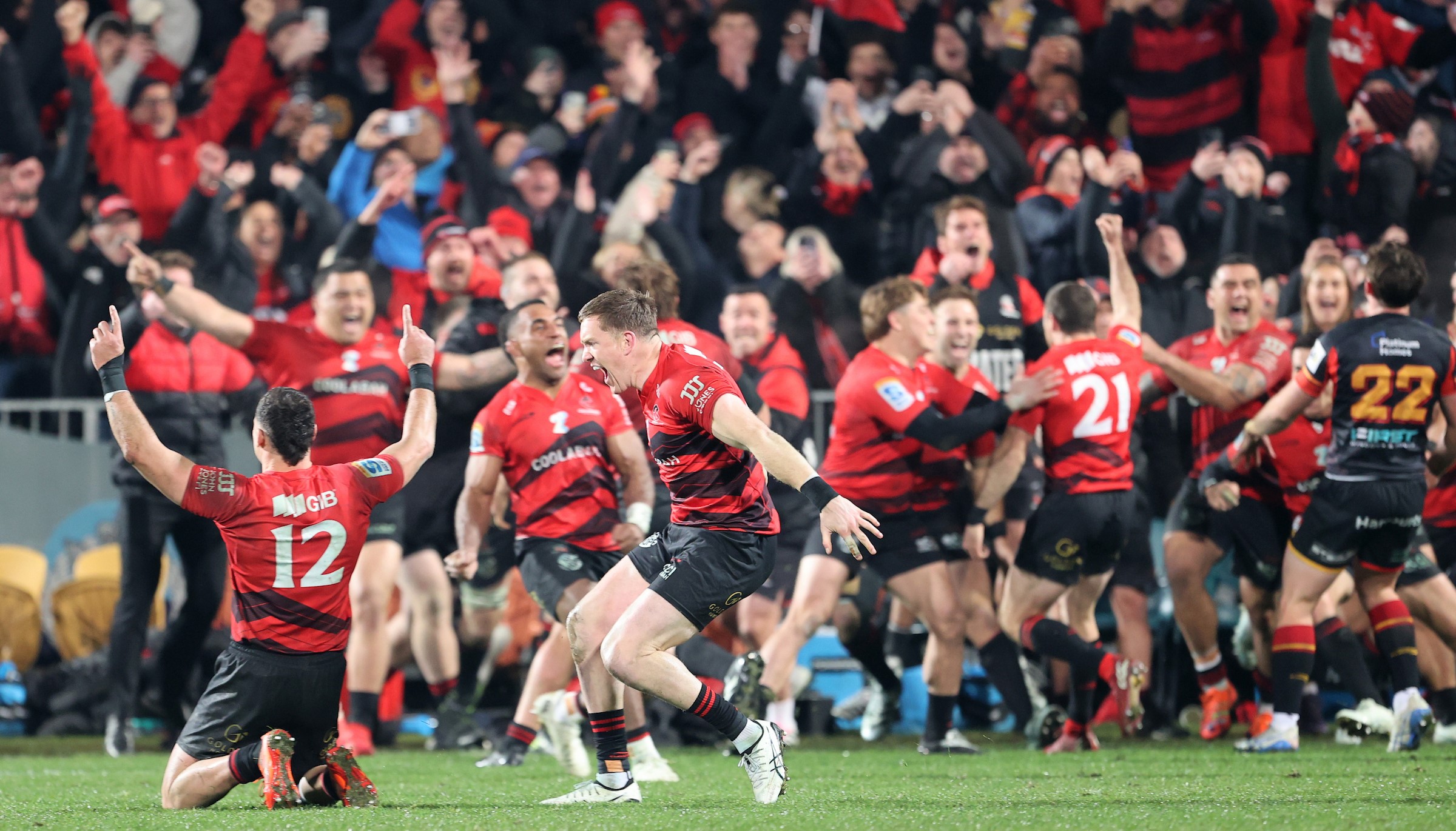 The Crusaders celebrate the final whistle of this year's Super Rugby Pacific grand final.