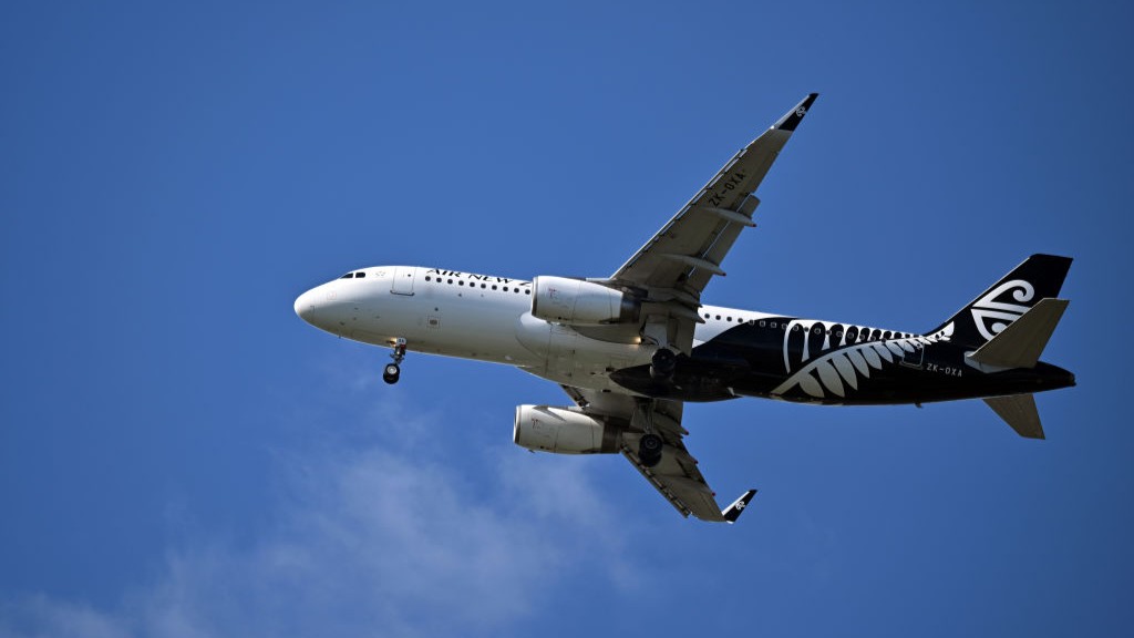 An Air New Zealand plane is seen during game two of the Women's ODI series between New Zealand and Pakistan at Hagley Oval on December 15, 2023 in Christchurch, New Zealand. 