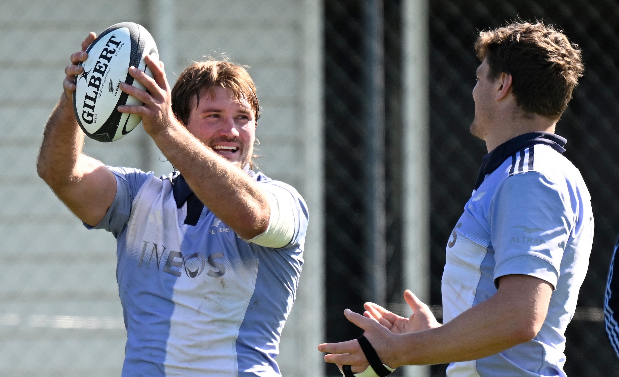Loose forward Ethan Blackadder trains with skipper Scott Barrett.