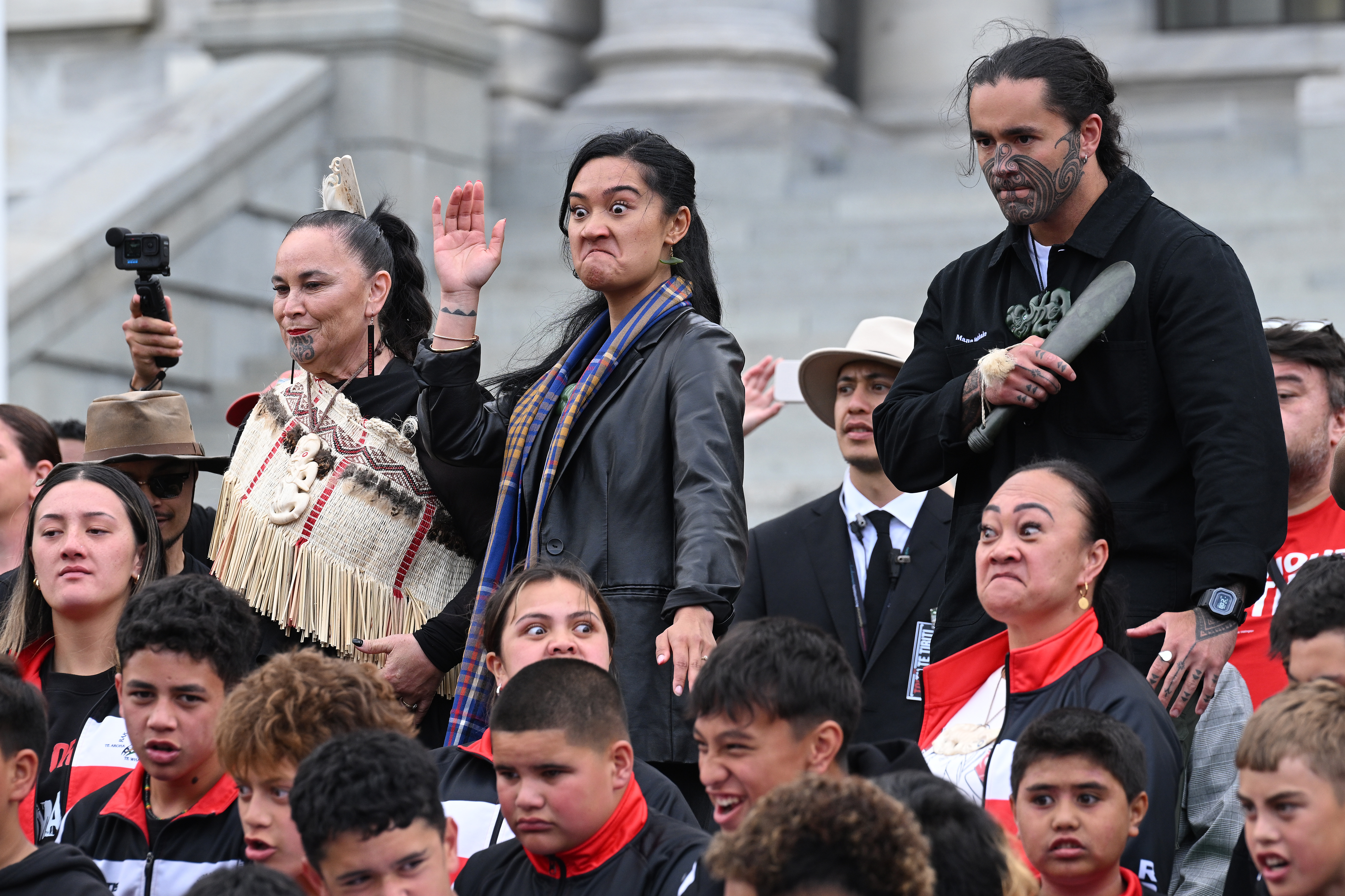Eru Kapa-Kingi alongside Te Pāti Māori members at last year's hīkoi protests.