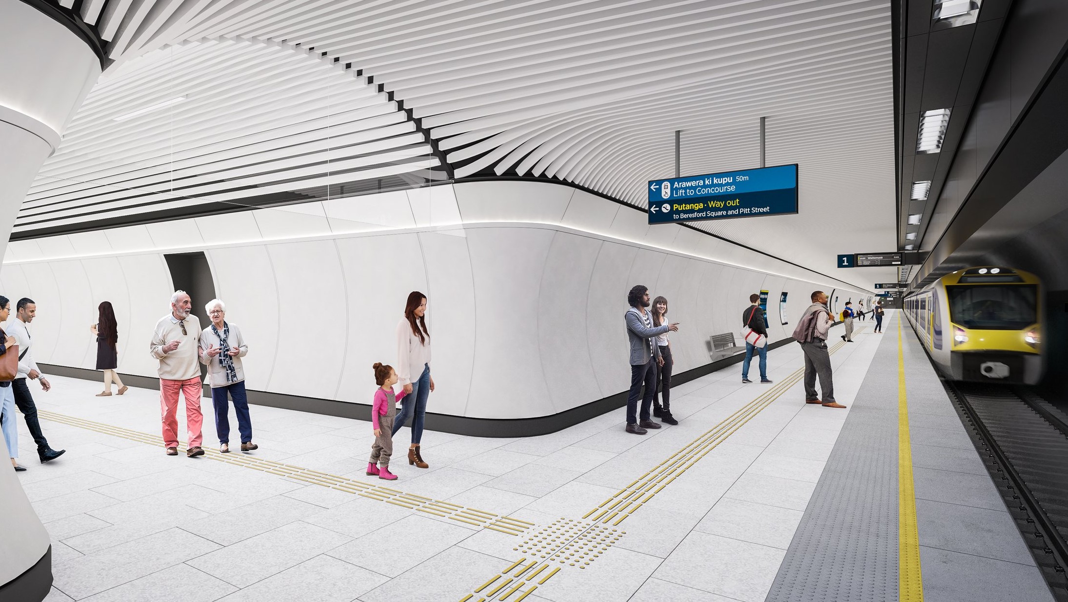A render of a train platform at the future Karanga-a-Hape station.