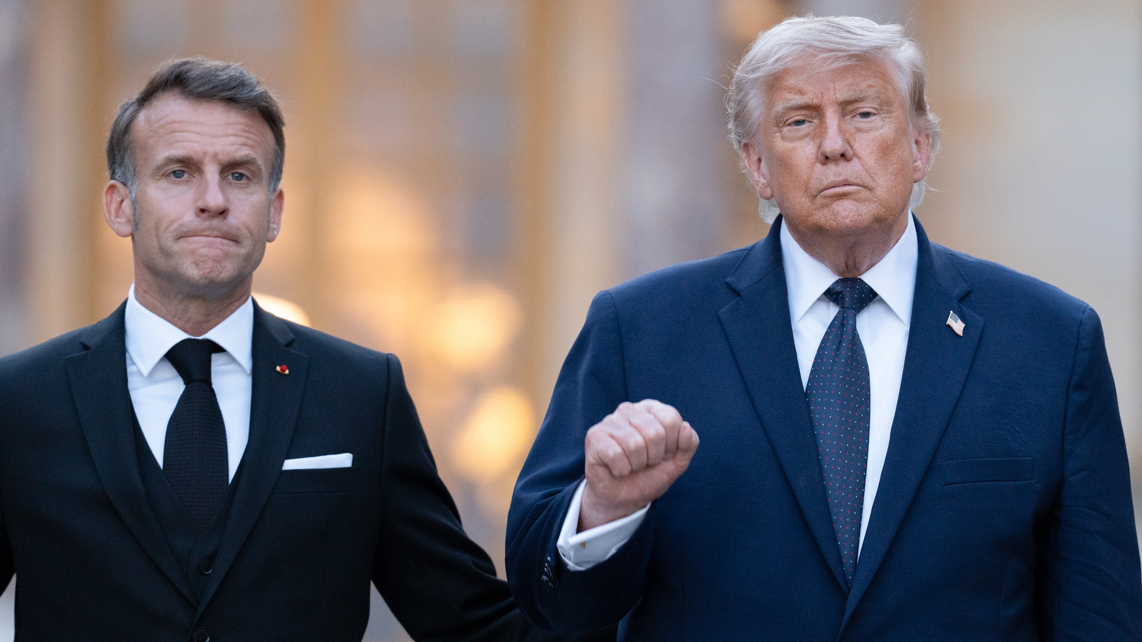 Emmanuel Macron, France's president, left, and US President Donald Trump arrive for a gala dinner at the Versailles Palace in Versailles, France, on Wednesday, June 17, 2026.