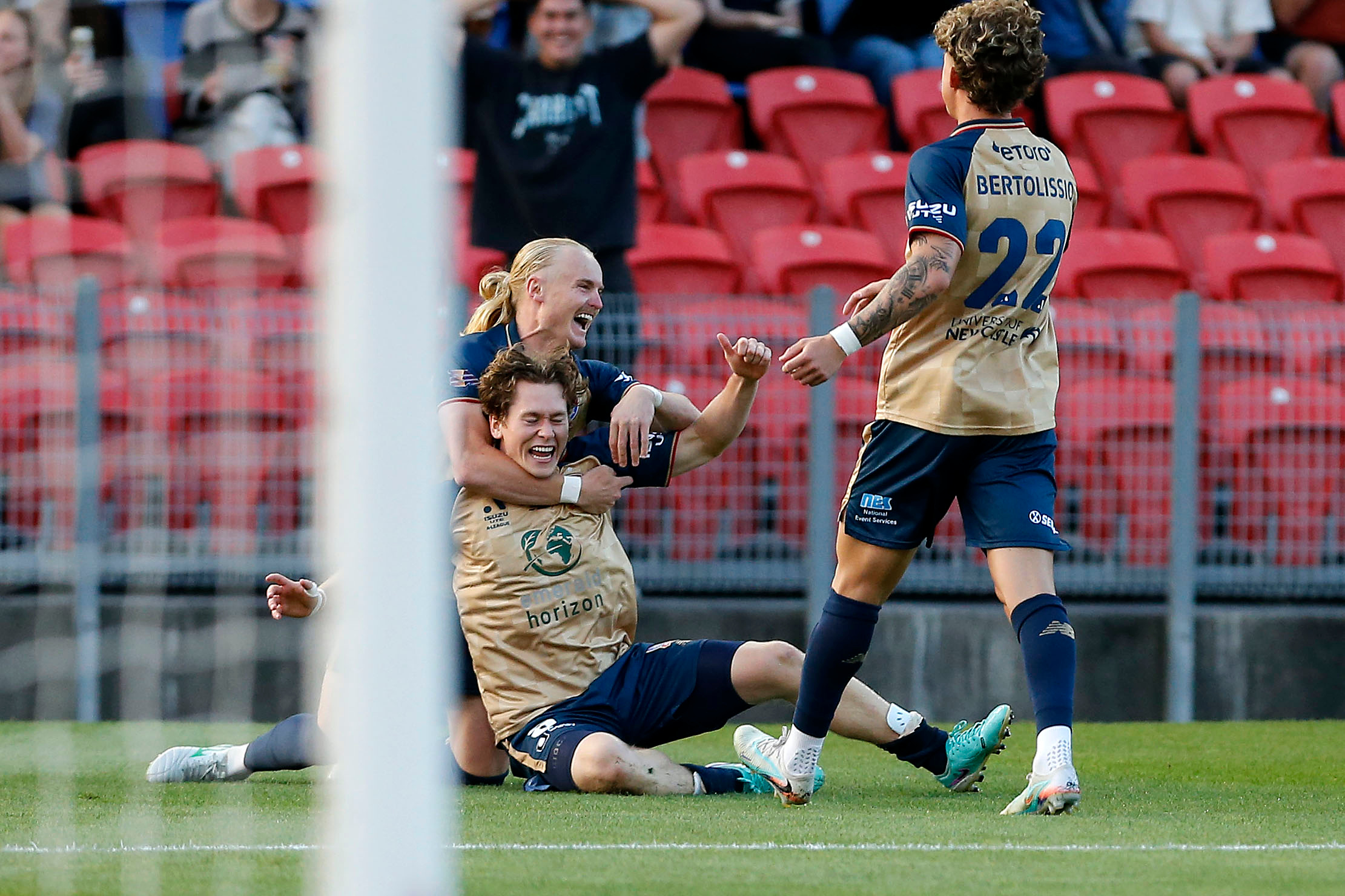 Lachlan Bayliss of the Jets celebrates scoring a goal with Lachlan Rose of the Jets during the A-League Men Round 14 match between the Newcastle Jets and Wellington Phoenix at McDonald Jones Stadium in Newcastle, Friday, January 23, 2026.