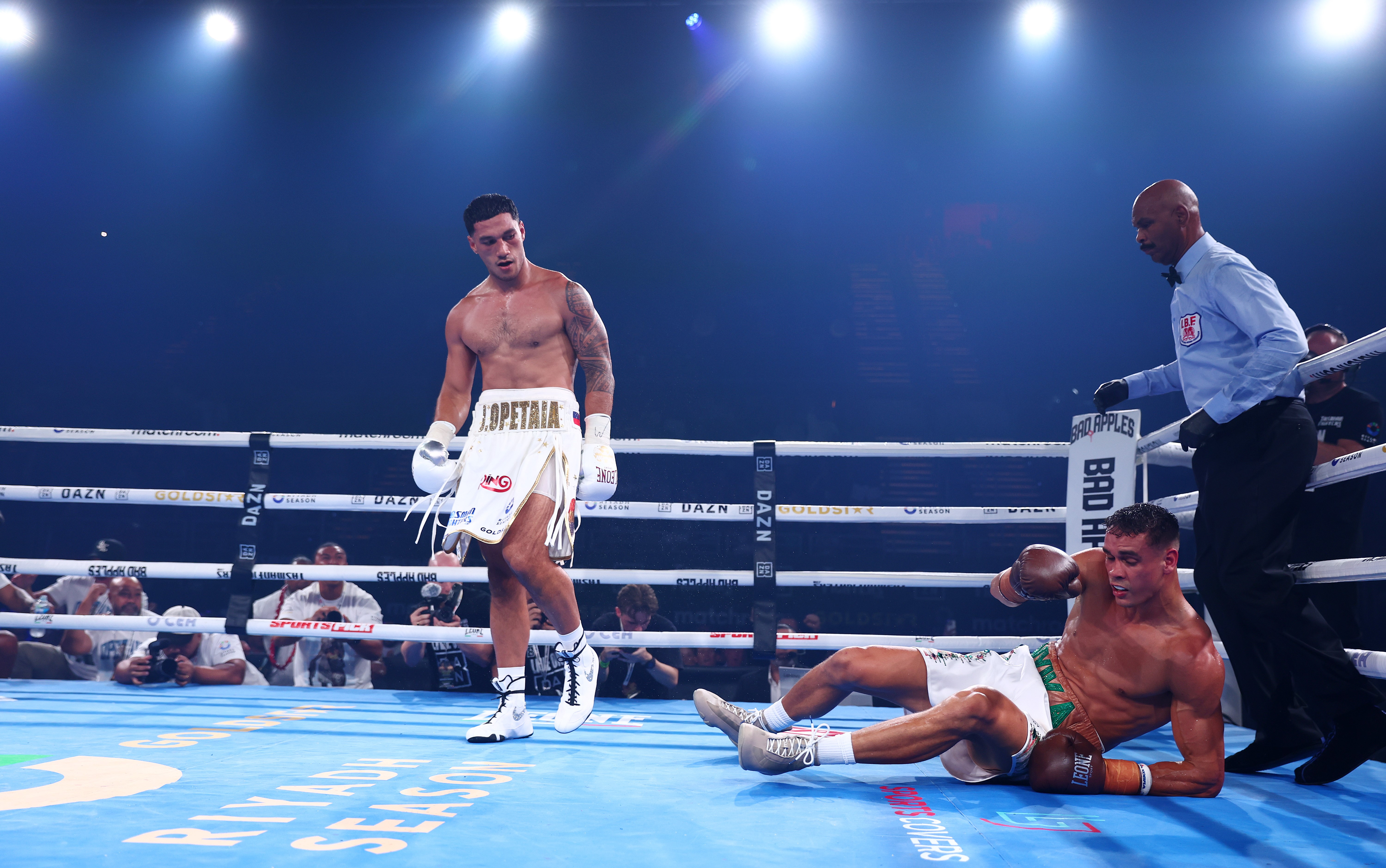 Jai Opetaia watches after sending David Nyika to the canvas during his knockout victory over the Kiwi on the Gold Coast.