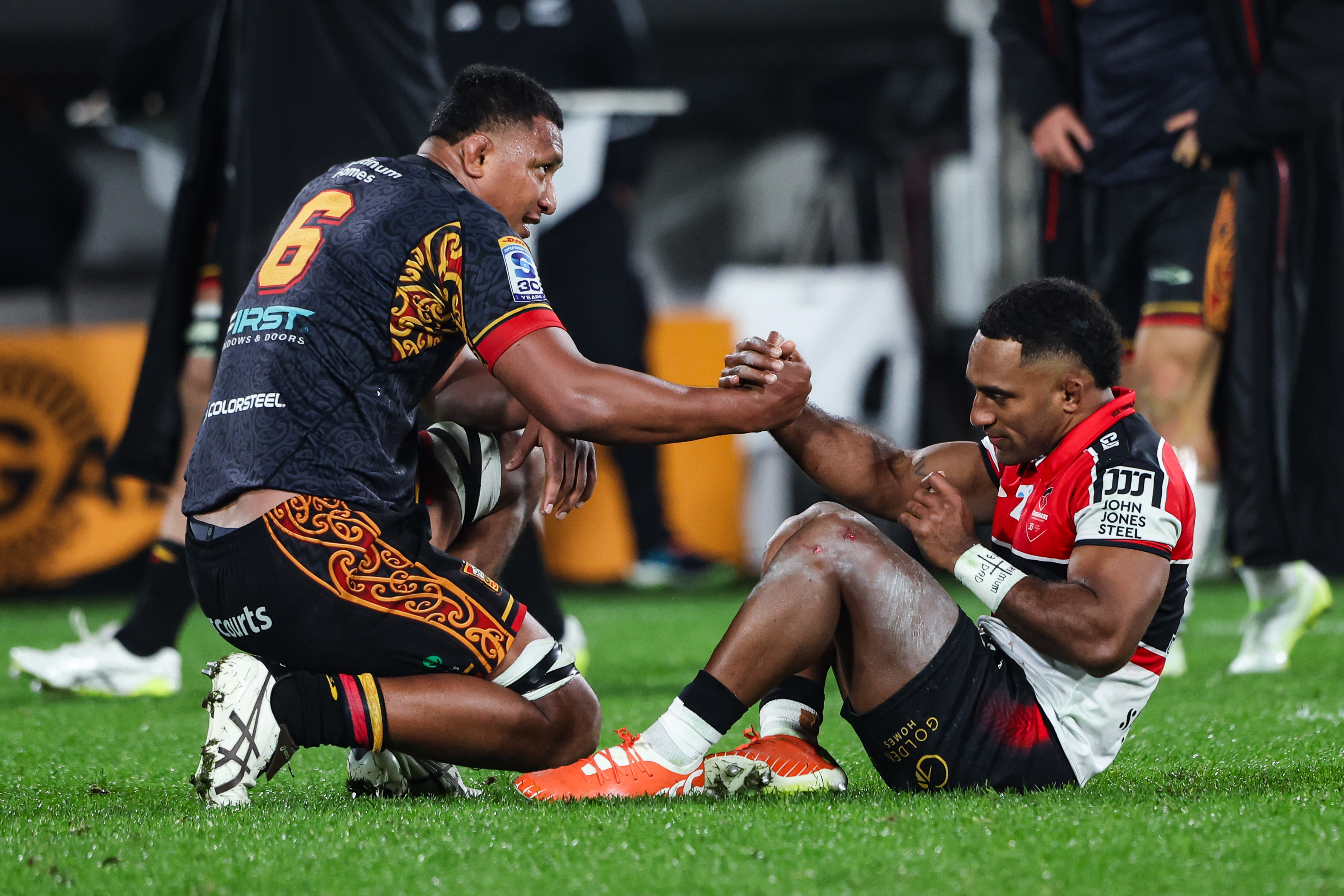 Samipeni Finau of the Chiefs and Sevu Reece of the Crusaders after the match, Chiefs v Crusaders, semi final match of the 2026 Super Rugby Pacific rugby union competition at FMG Stadium, Hamilton. 