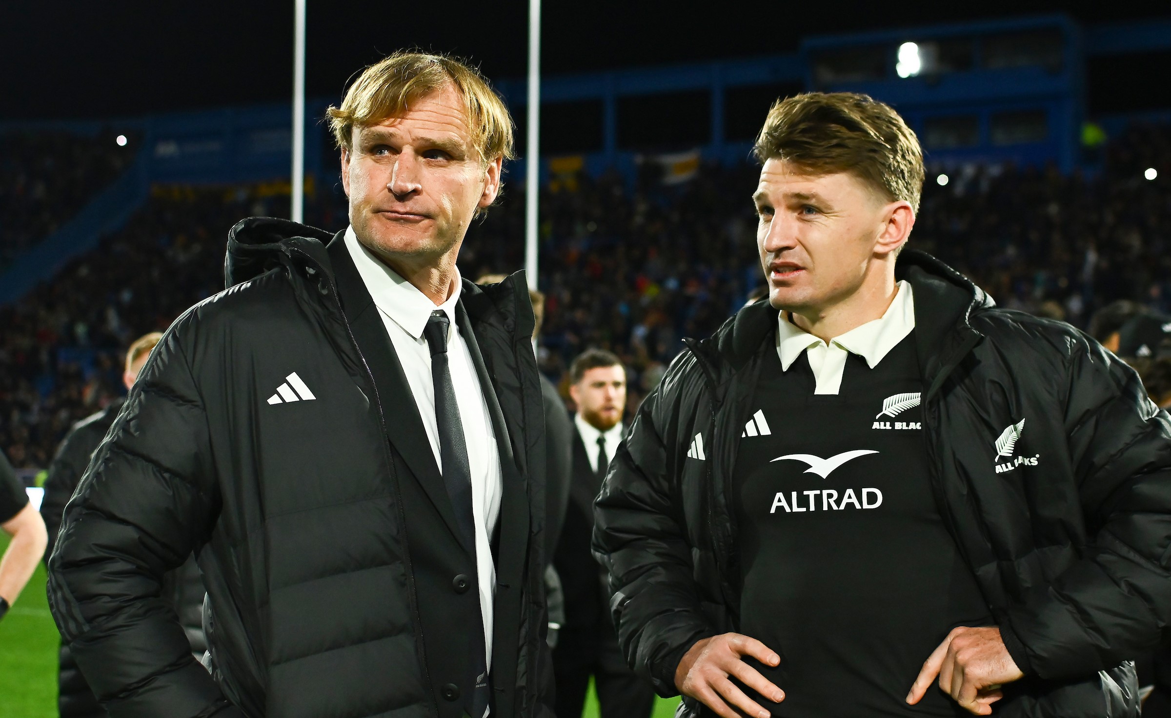 All Blacks coach Scott Robertson and first-five Beauden Barrett react to their team's defeat to the Pumas.