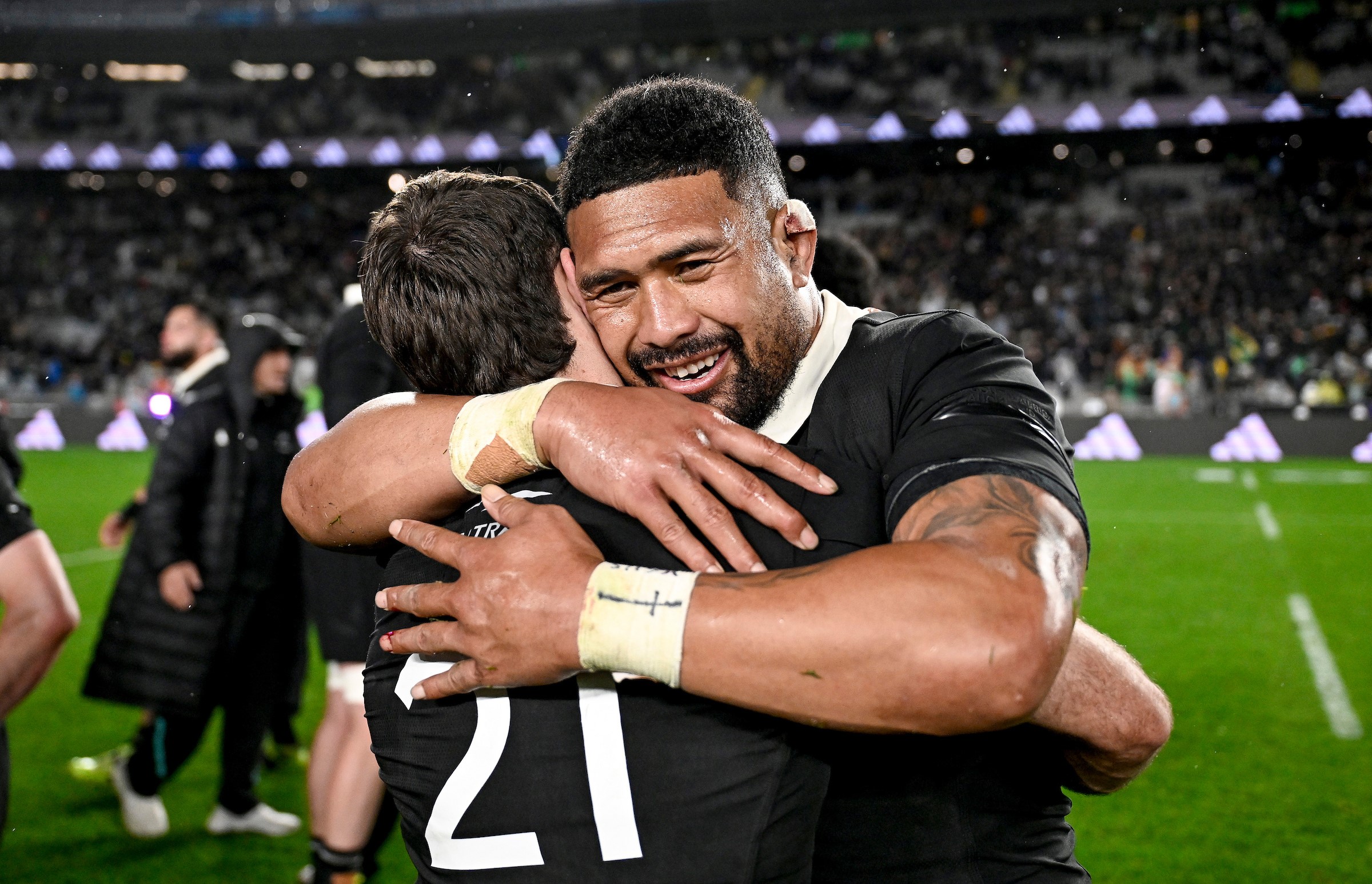 All Blacks centurion Ardie Savea hugs Test debutant Kyle Preston after his side's win over the Boks at Eden Park.
