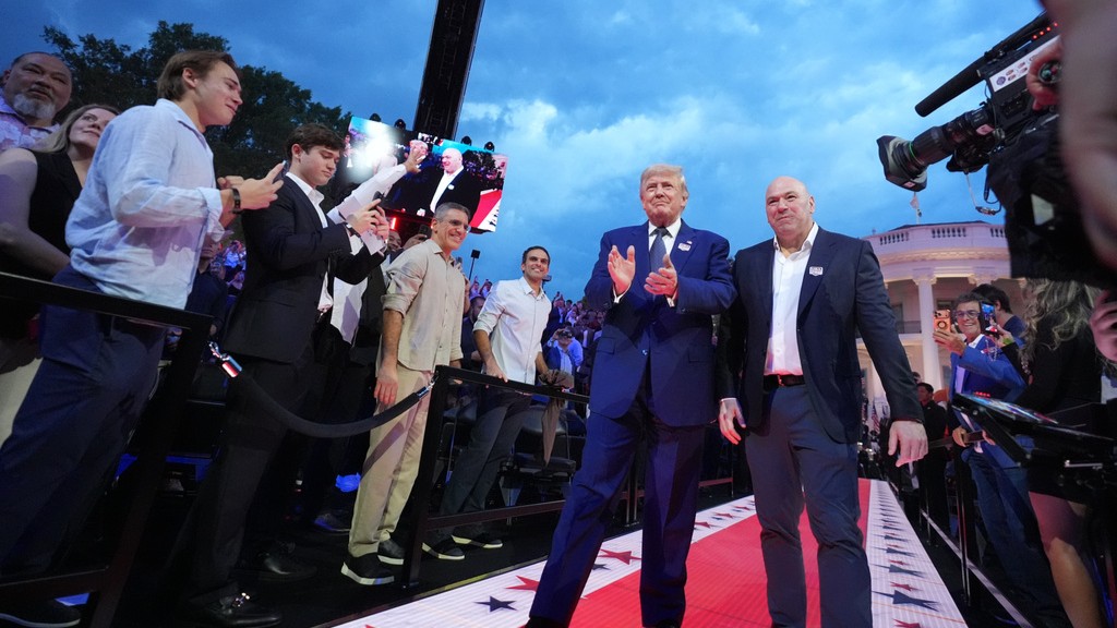 US President Donald Trump and Dana White, UFC president and CEO, arrive for UFC Freedom 250 on the South Lawn of the White House.