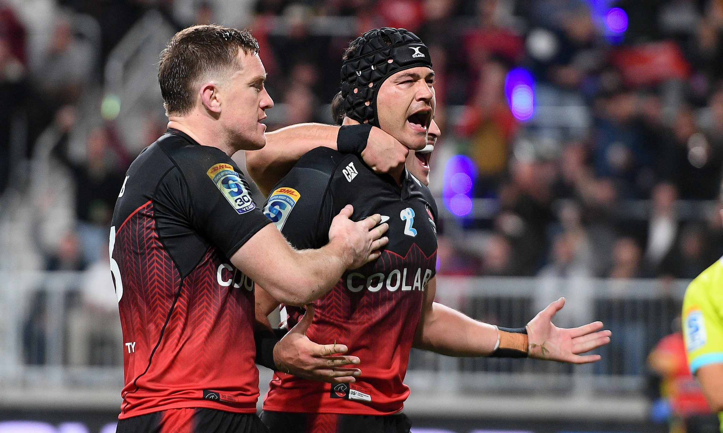 Crusaders captain David Havili celebrates his try against the Chiefs.